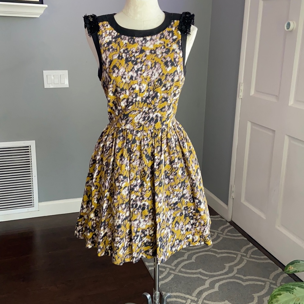 Jessica Simpson Yellow Black White Floral Fit-and-Flare Dress